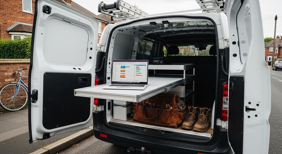 A van's open back doors with a laptop on a fold-out shelf showing a job list, work boots in frame