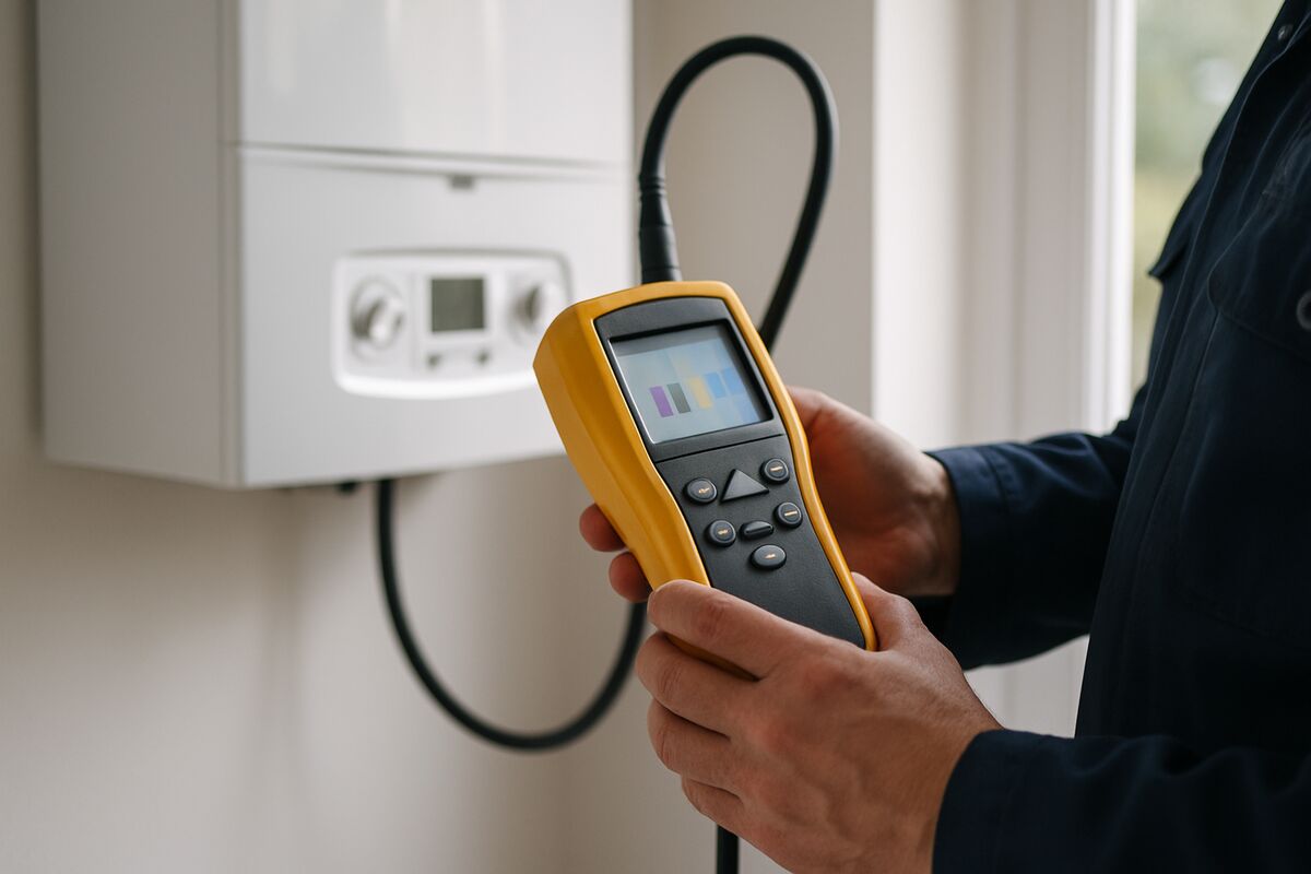 Gas engineer holding a flue gas analyser next to a domestic boiler during a safety inspection