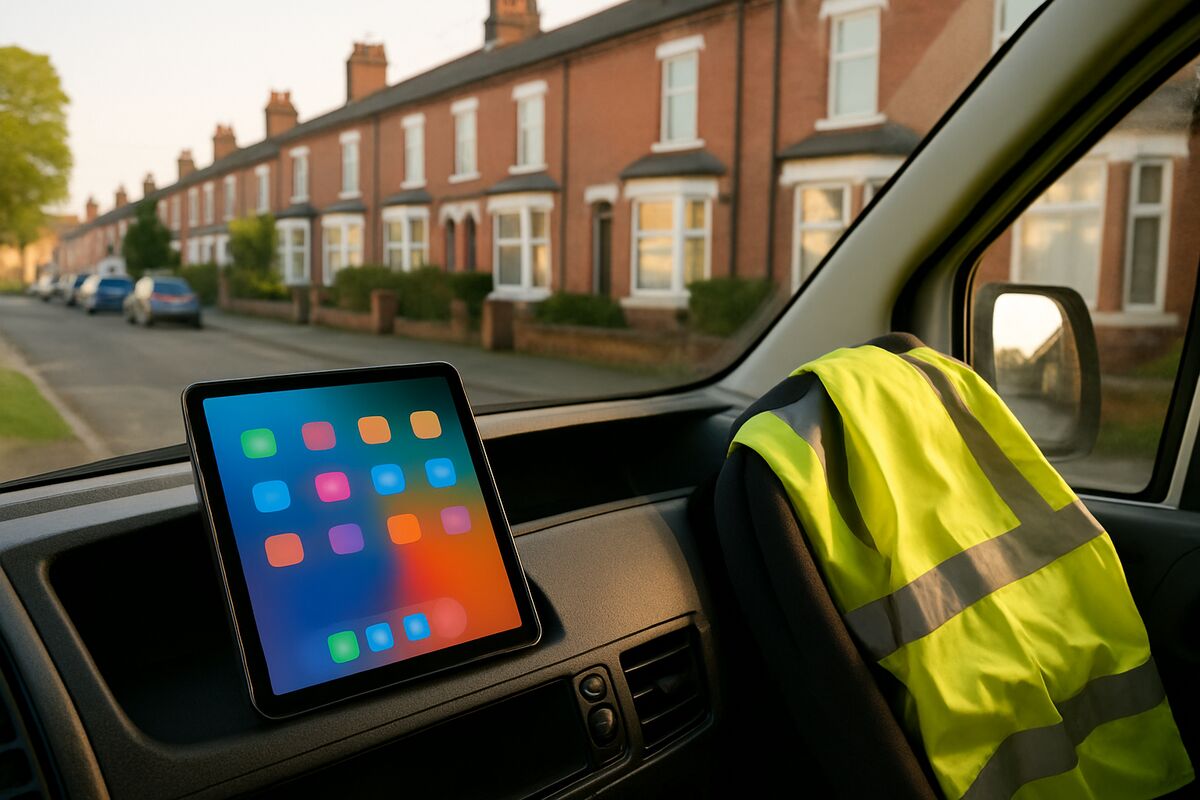 Tablet on a van dashboard showing an app interface with UK terraced houses visible through the windshield