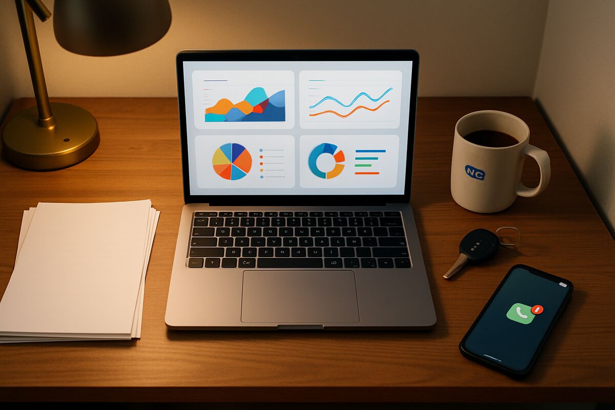 Overhead view of a tidy home office desk with laptop showing dashboard charts, papers, coffee mug and phone