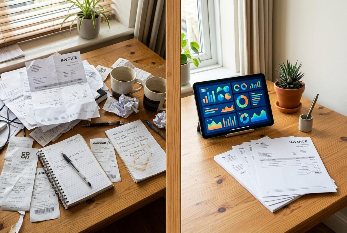 Before and after comparison of messy paper invoicing versus organised digital invoicing