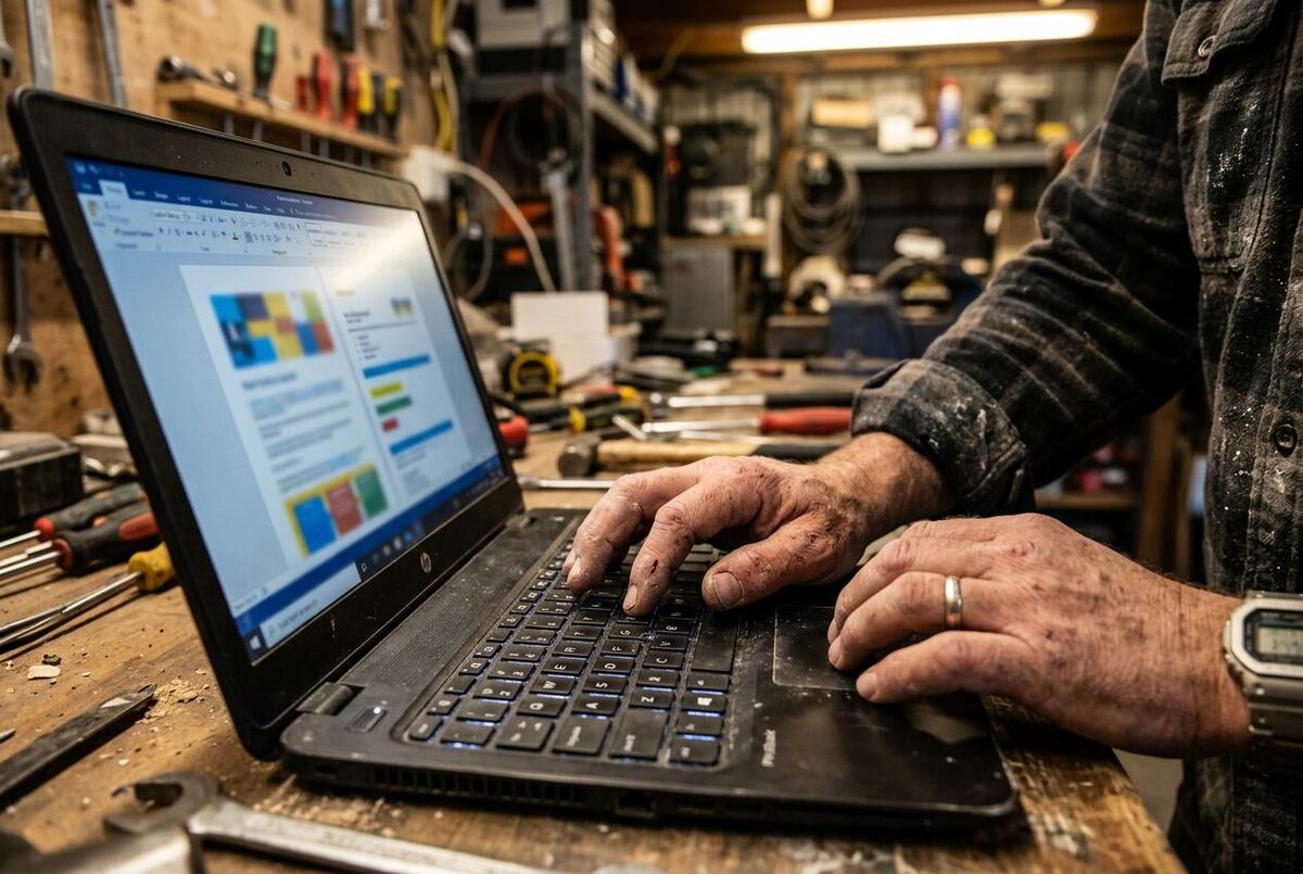 Tradesperson editing a document template on a laptop in a workshop