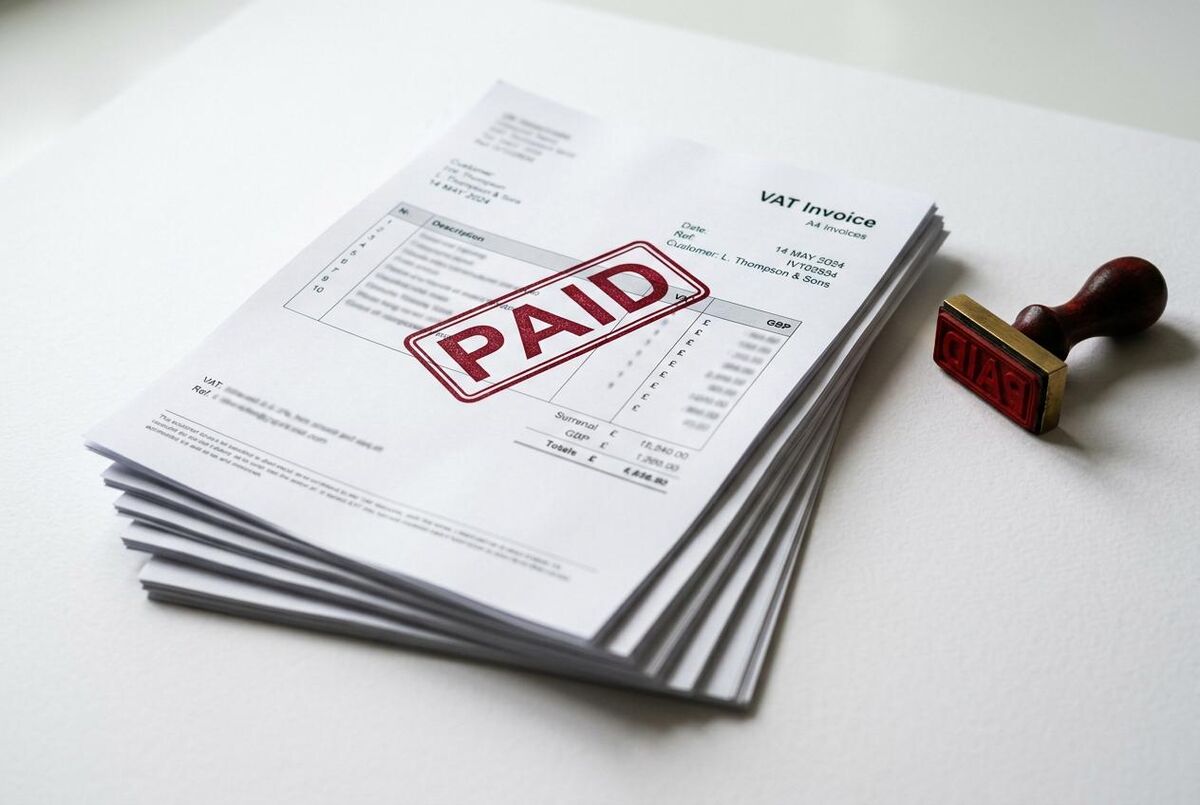 Stack of UK VAT invoices with PAID stamp