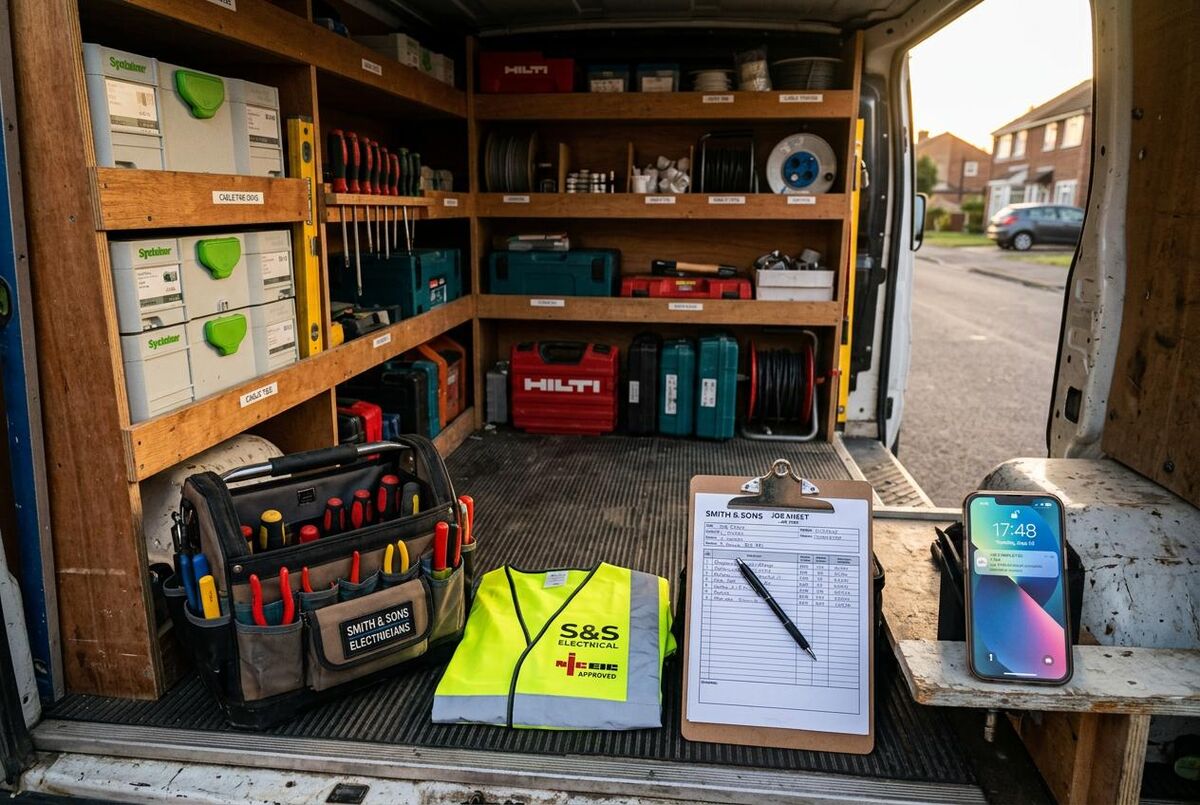 Organised trade van interior with tools, clipboard and phone showing job management app