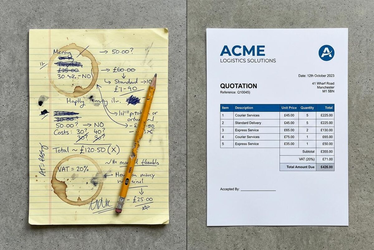 Split comparison showing a handwritten quote versus a professional printed quote template with pound sterling pricing
