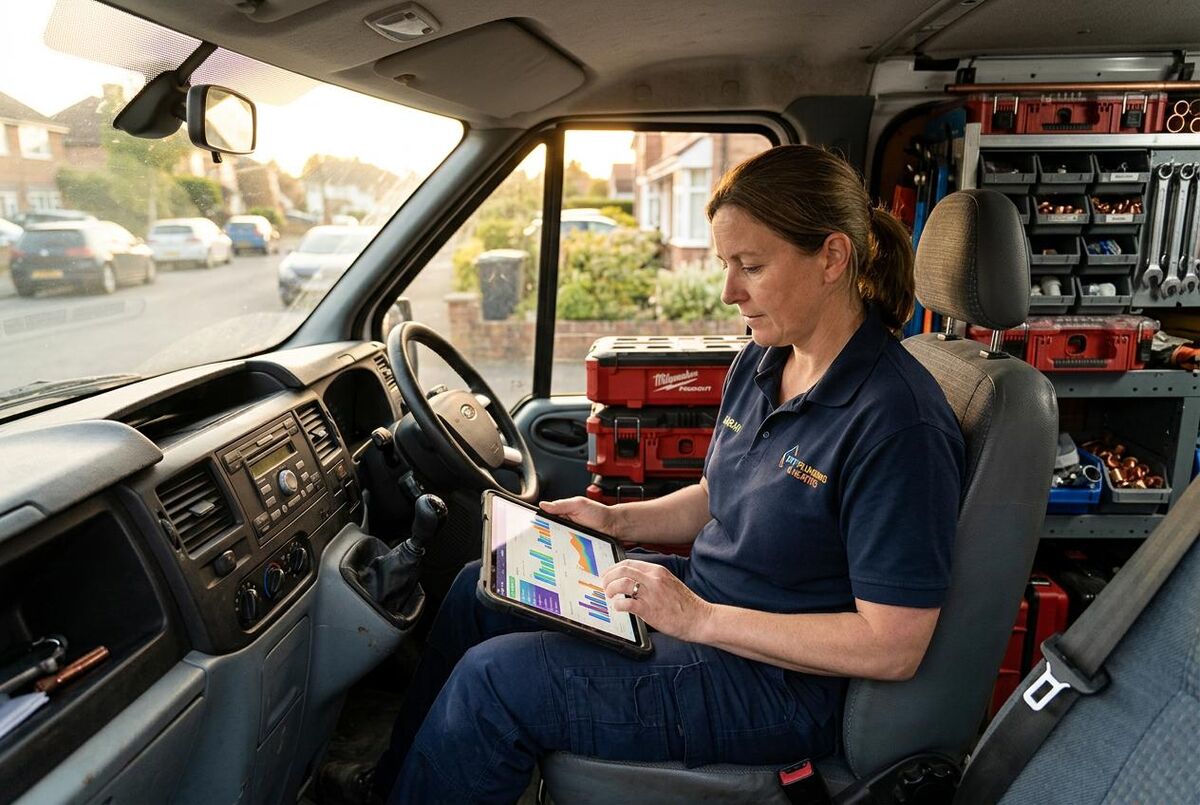 Female plumber reviewing a digital quote on a tablet in a UK work van at golden hour