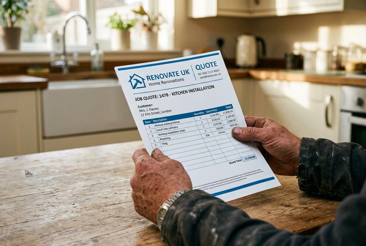 Tradesperson presenting a professional quote document to a homeowner in a UK kitchen