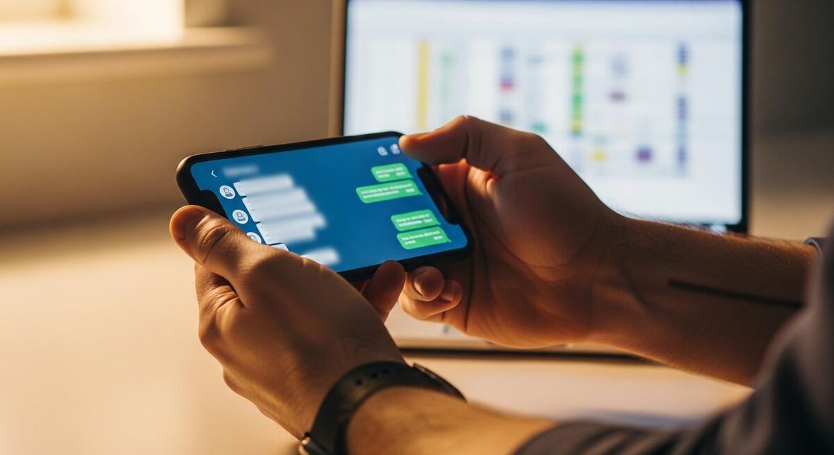 A tradesperson holding a smartphone with a chat interface, with a laptop showing a spreadsheet in the background