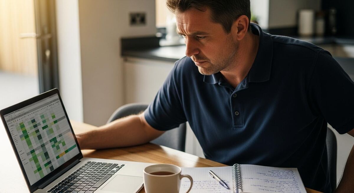 A tradesperson at a kitchen table with a laptop, mug of tea, and notebook, reviewing the week's cash flow