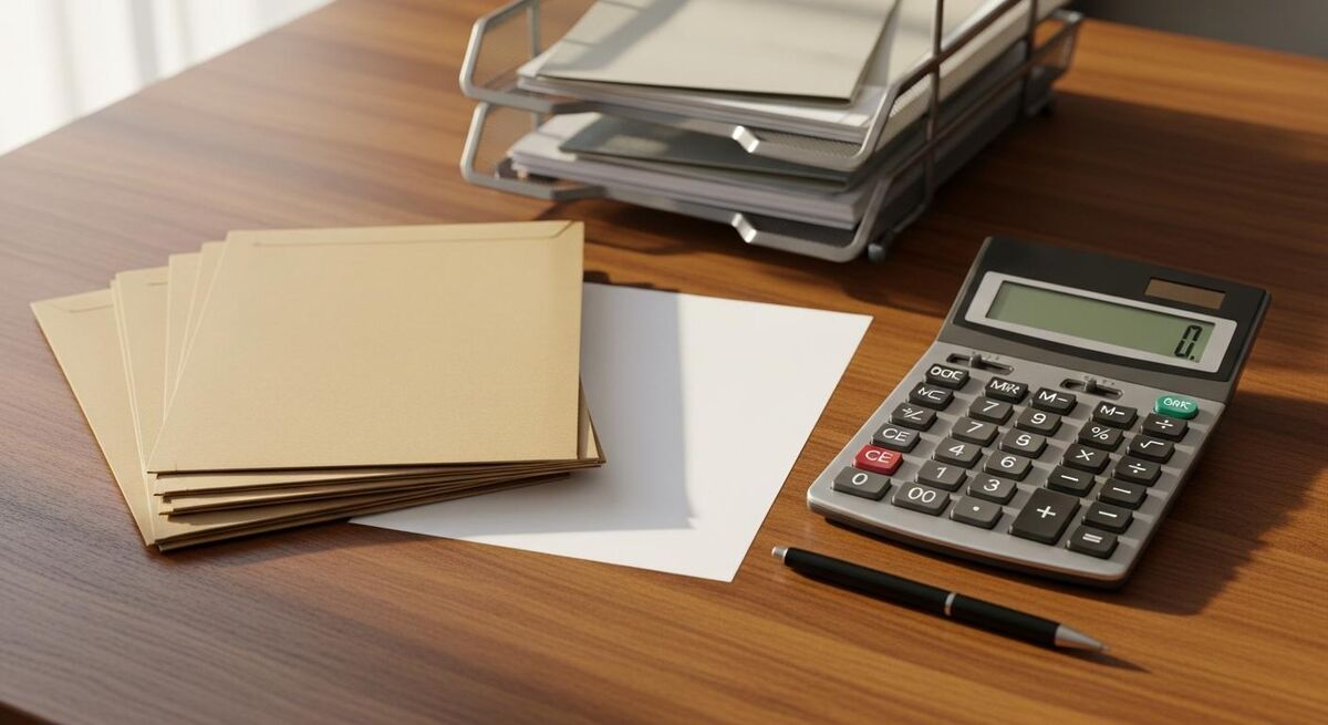 A tradesperson's desk with VAT paperwork, a calculator, and a smartphone showing a banking app