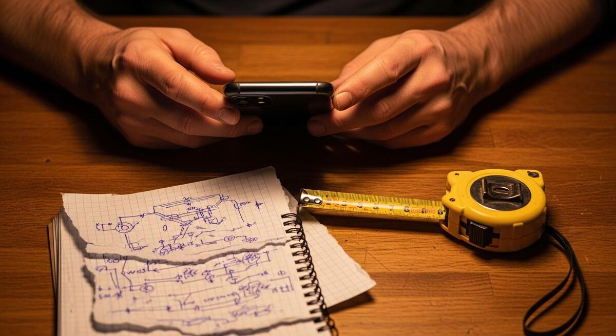 Close-up of a trades business owner typing on a phone with a notepad nearby