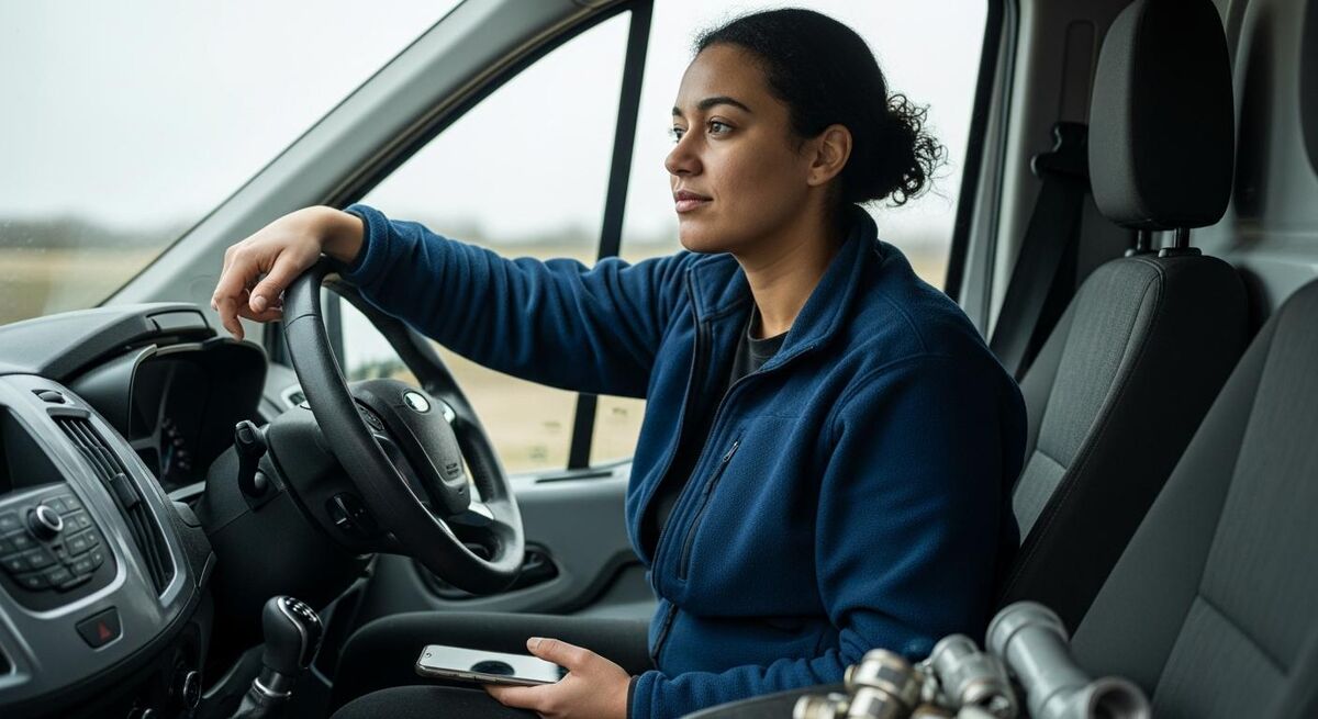 Tradesperson checking phone between jobs in a van