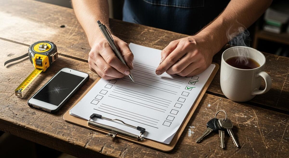 Plumber holding a clipboard with a client onboarding checklist at a customer's front door