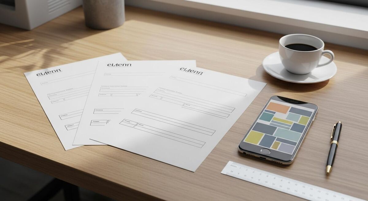 Three printed onboarding checklists fanned out on a workbench beside a phone showing a digital version