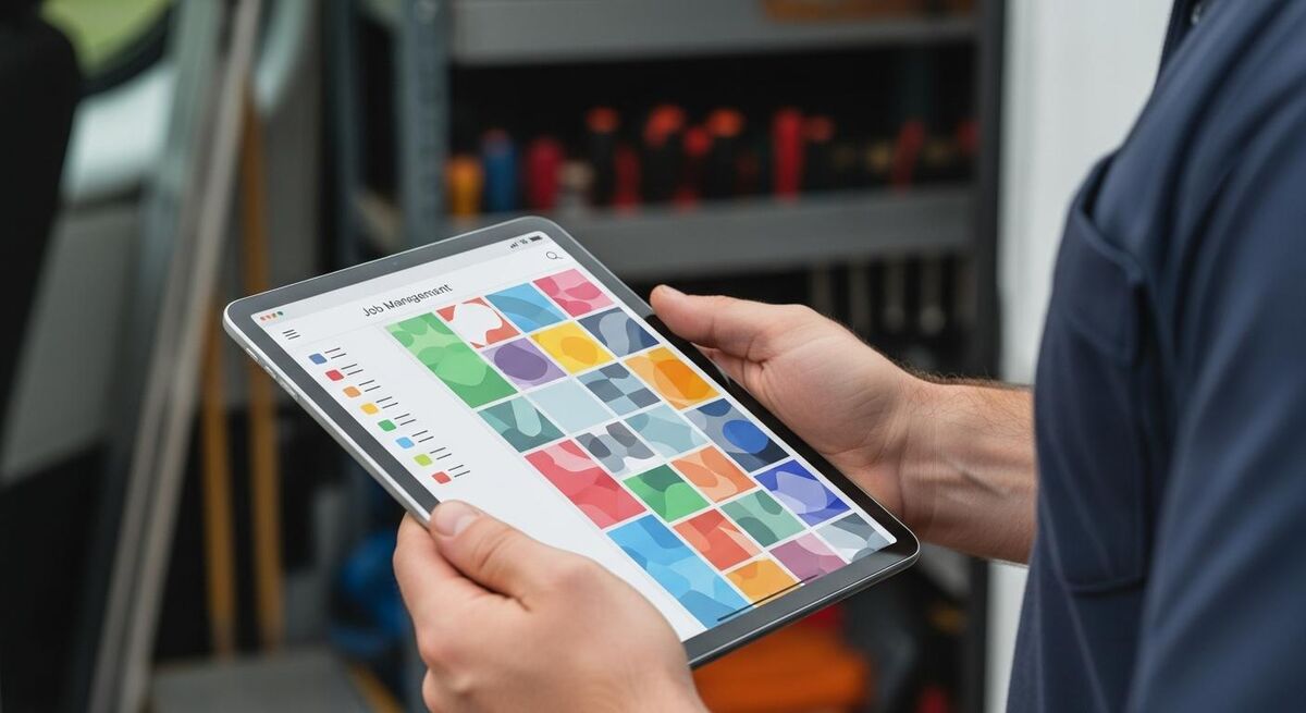 Tablet showing a custom field set up inside a job management app, with a tradesperson reviewing it