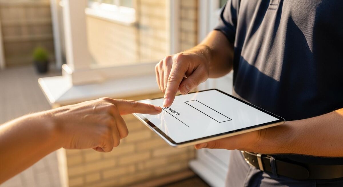 Customer signing a digital consent box on a tablet held by an electrician on a doorstep