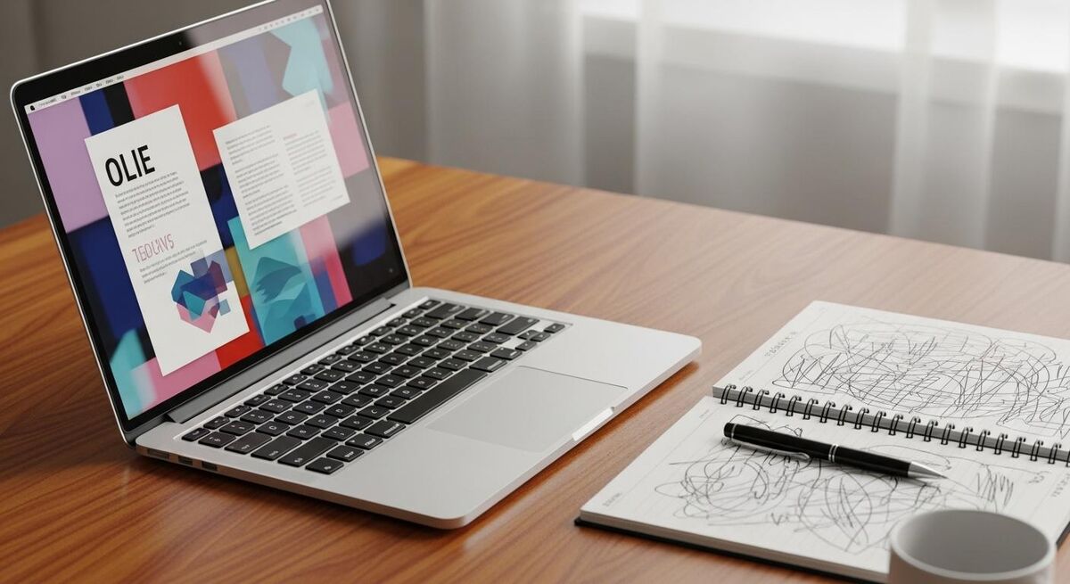 Laptop screen showing a document being edited with a notebook and pen beside it on a wooden desk