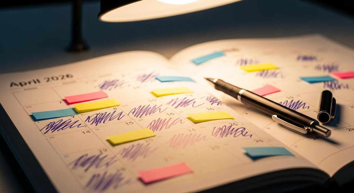 Close-up of an open diary showing April 2026 with handwritten notes about employment law deadlines