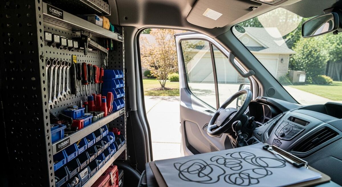 Work van interior with tools neatly organised in racking system and clipboard on dashboard