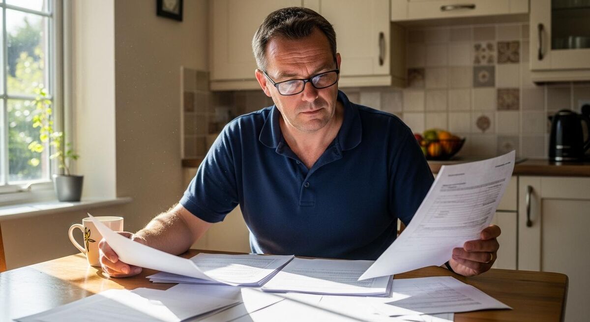 Trades business owner reviewing documents at a kitchen table with paperwork spread out