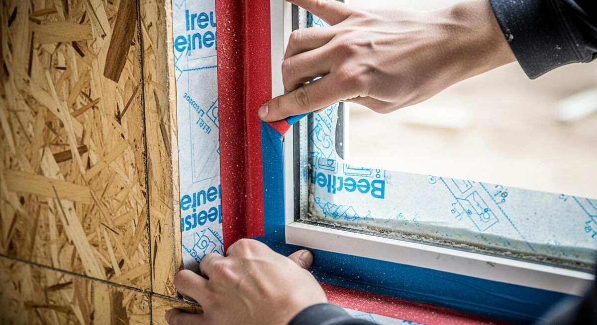 Airtightness tape being applied at a window reveal on a new build