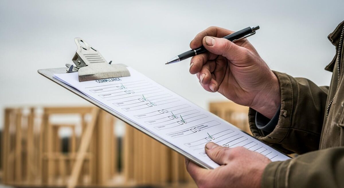 Clipboard with FHS compliance checklist on a new-build site