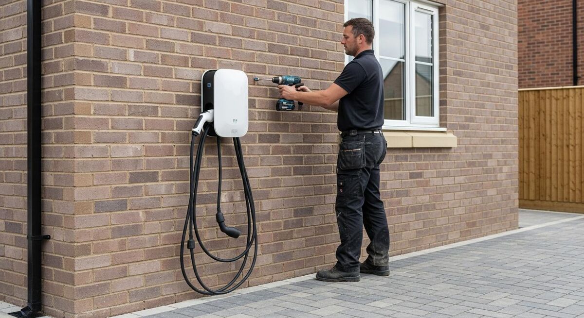 Electric vehicle charge point being installed on the wall of a new build
