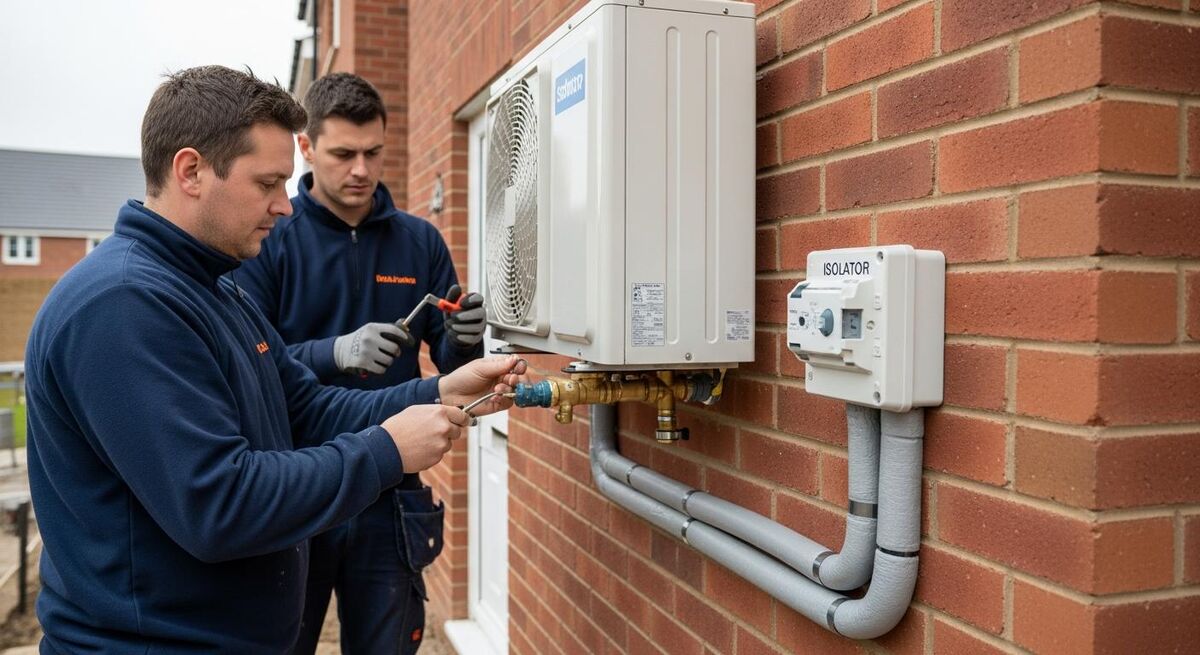 Air source heat pump being installed on the outside wall of a new-build house