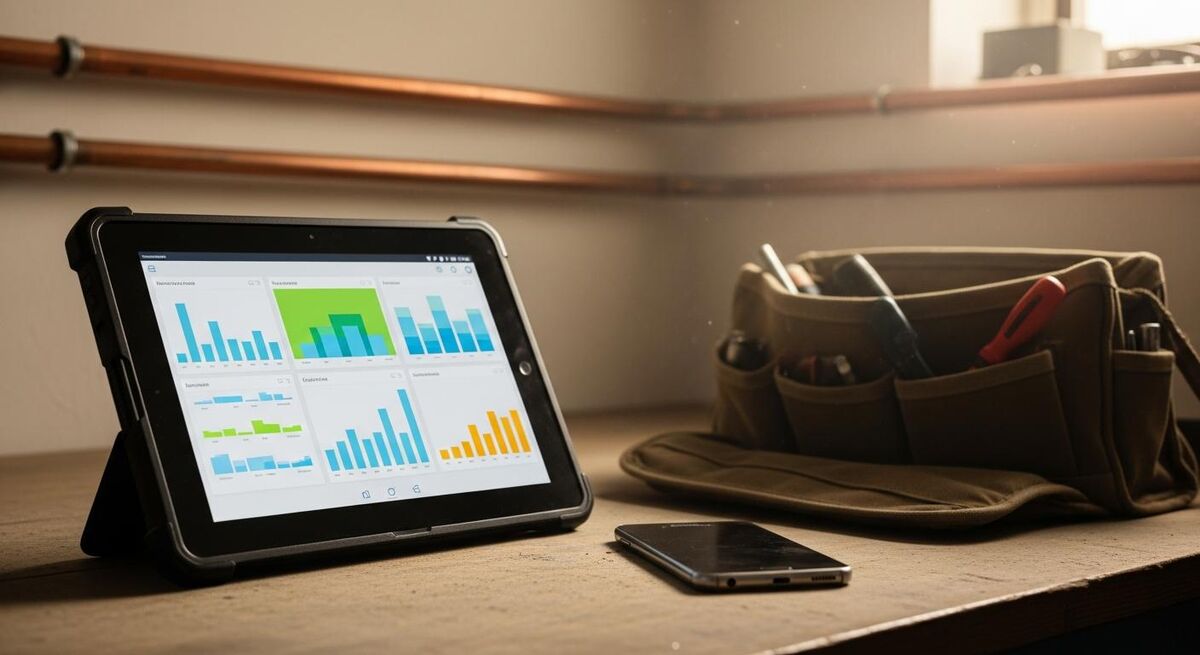 Tablet on a workbench with a partially completed hazard identification form on screen and a phone next to it