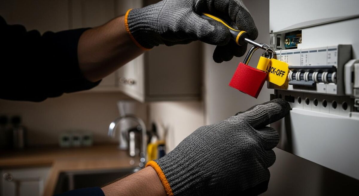 Close up of an electrician isolating a consumer unit on a domestic site, lock-off tag visible