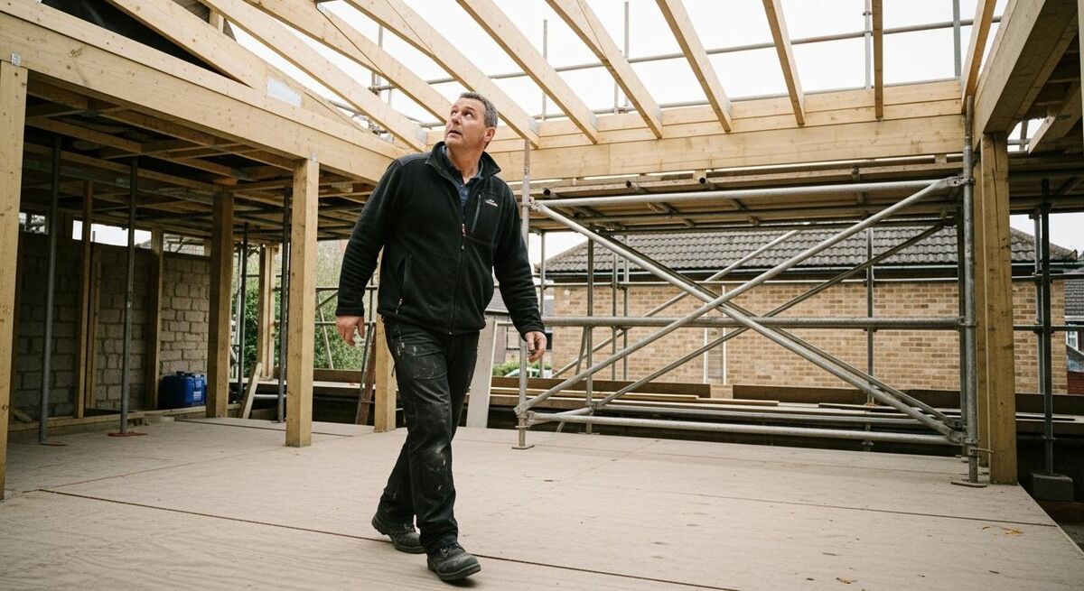 Site supervisor walking a UK construction site with a clipboard, checking scaffolding and access points