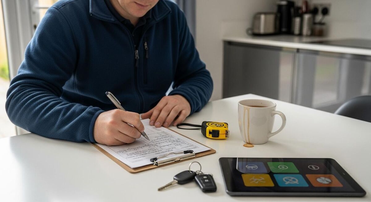Heating engineer completing BUS grant paperwork on a clipboard