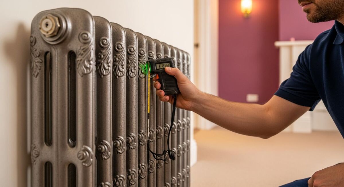 Heating engineer measuring radiators during a heat pump survey
