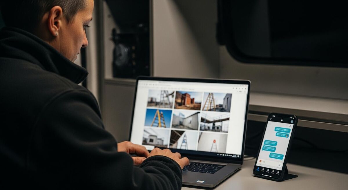A tradesperson reviewing site photos on a laptop with an AI chat window open beside the images