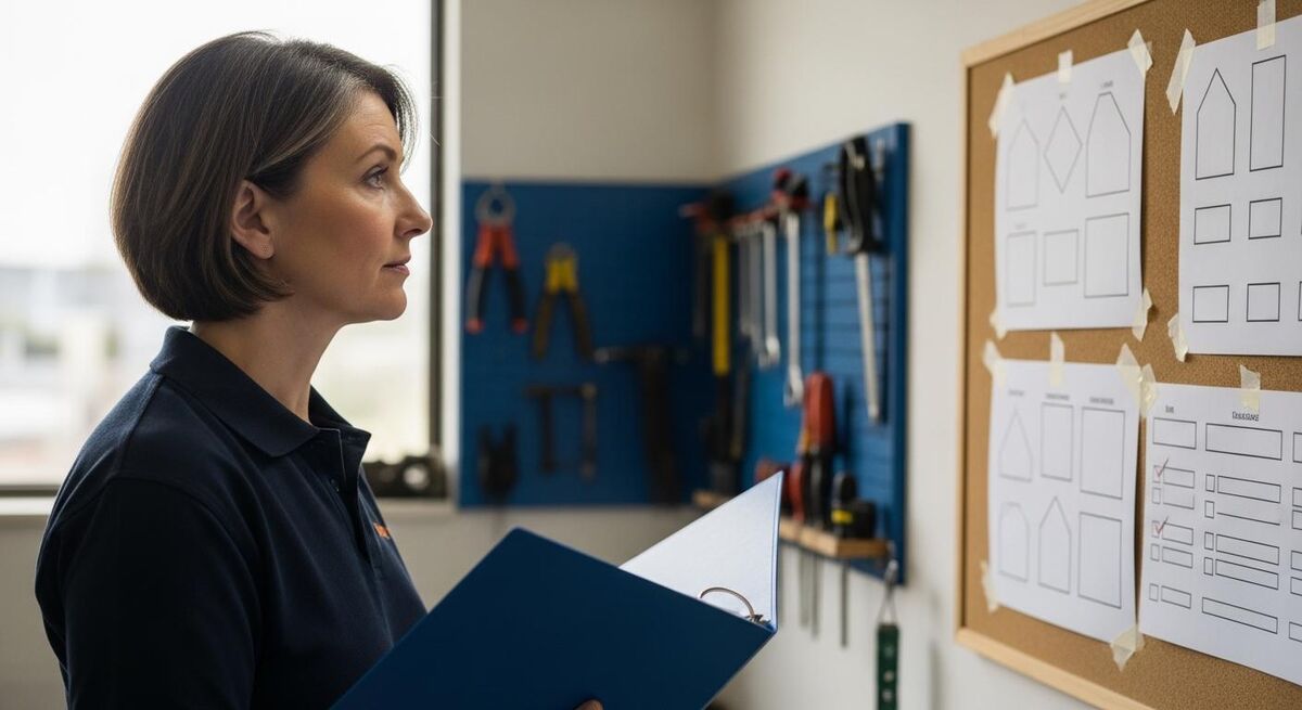 A safety manager checking a list of RIDDOR categories against an incident report on a workshop noticeboard