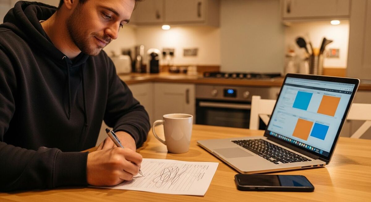 A tradesperson at a kitchen table filling in an incident report form with a calm focused expression