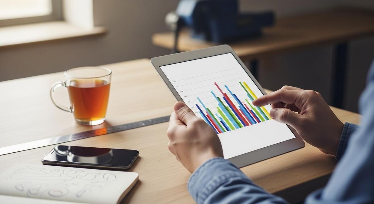 Trade business owner reviewing job costs on a tablet with charts visible