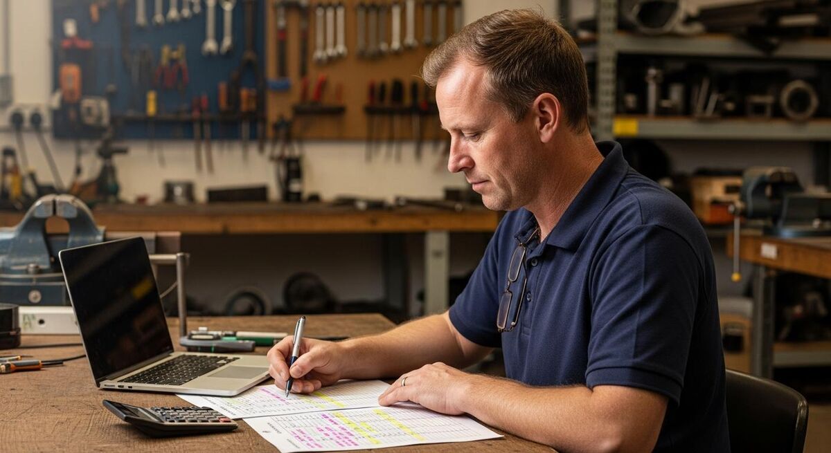 Trade business owner working out hourly rates at a desk