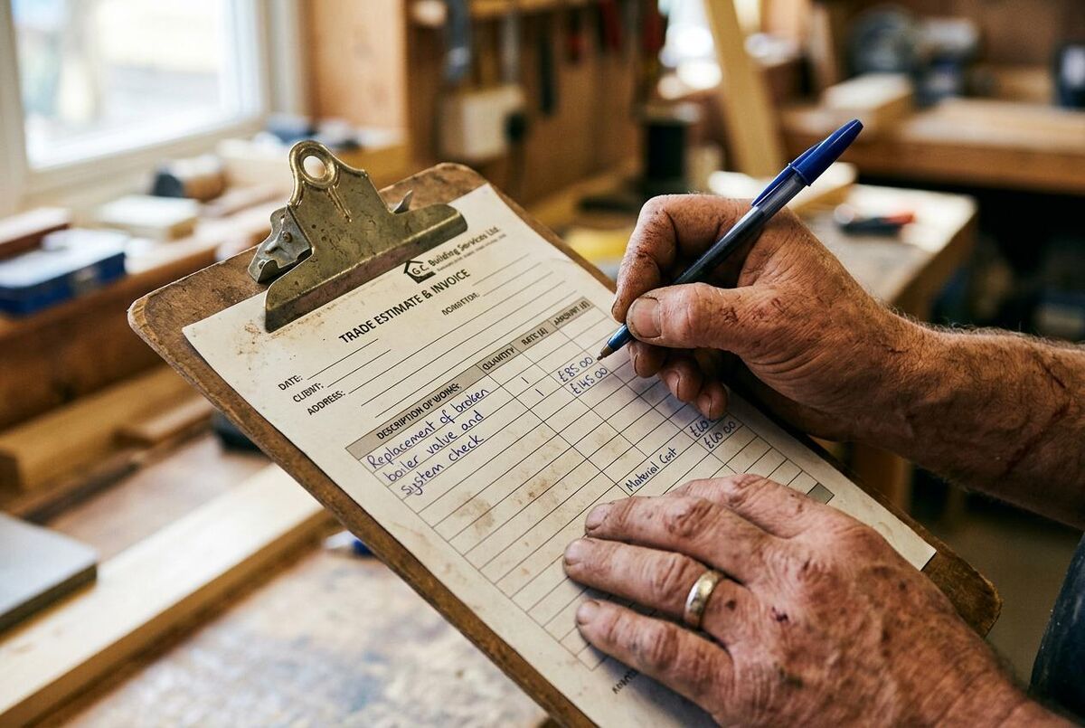 A tradesperson's calloused hands filling in a job estimate form on a clipboard in a workshop