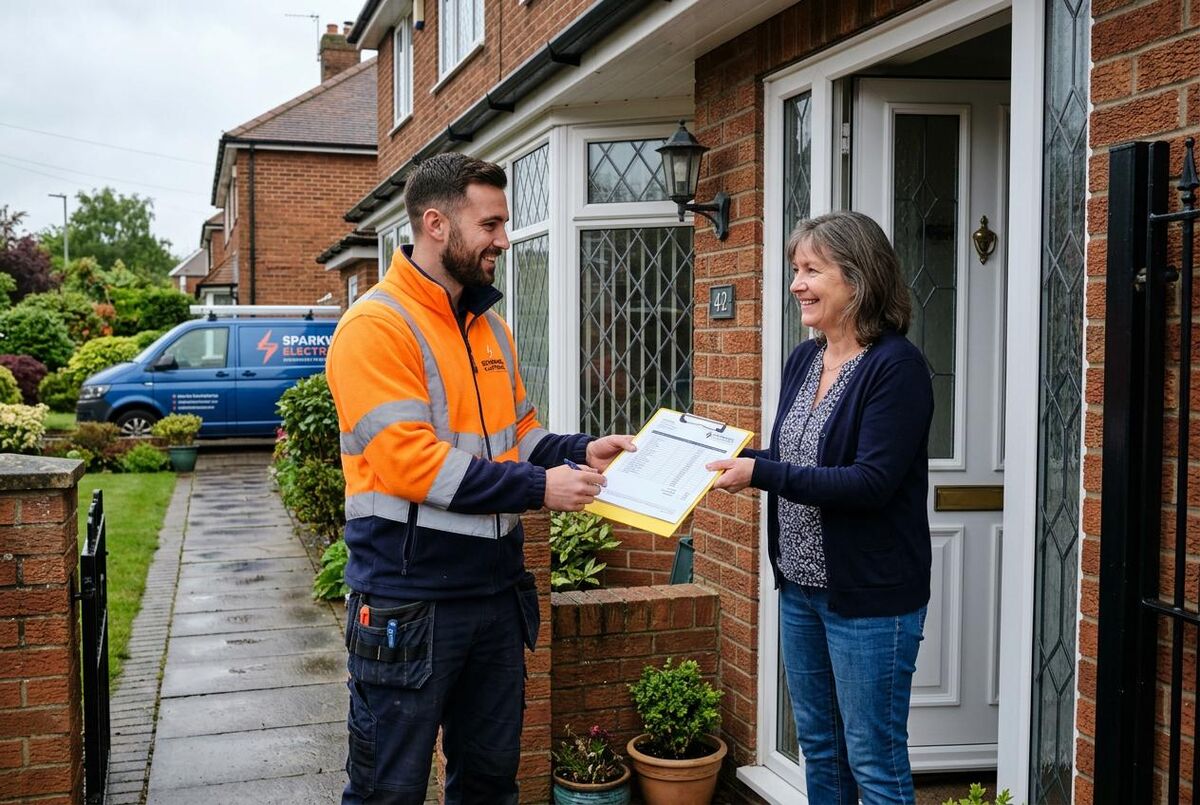 UK electrician in high-visibility jacket handing a professional printed estimate on a clipboard to a homeowner at the front door of a British semi-detached house