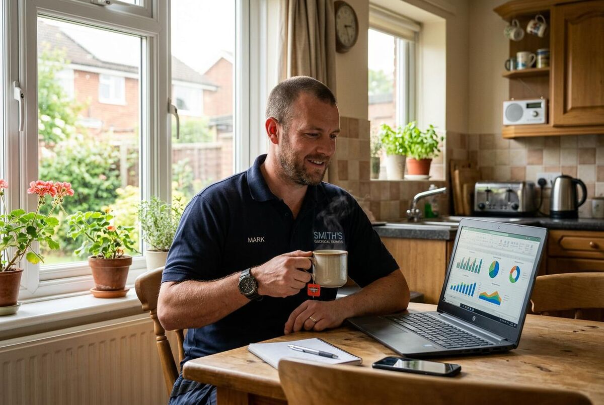 Tradesperson reviewing a spreadsheet with colourful profit charts on a laptop