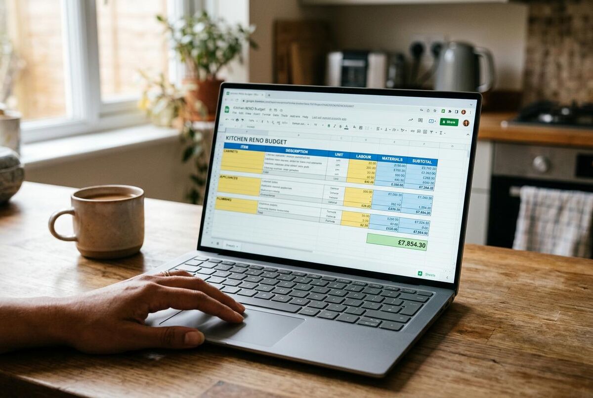 Google Sheets job estimate template open on a laptop in a UK kitchen, showing Labour and Materials columns with pound totals