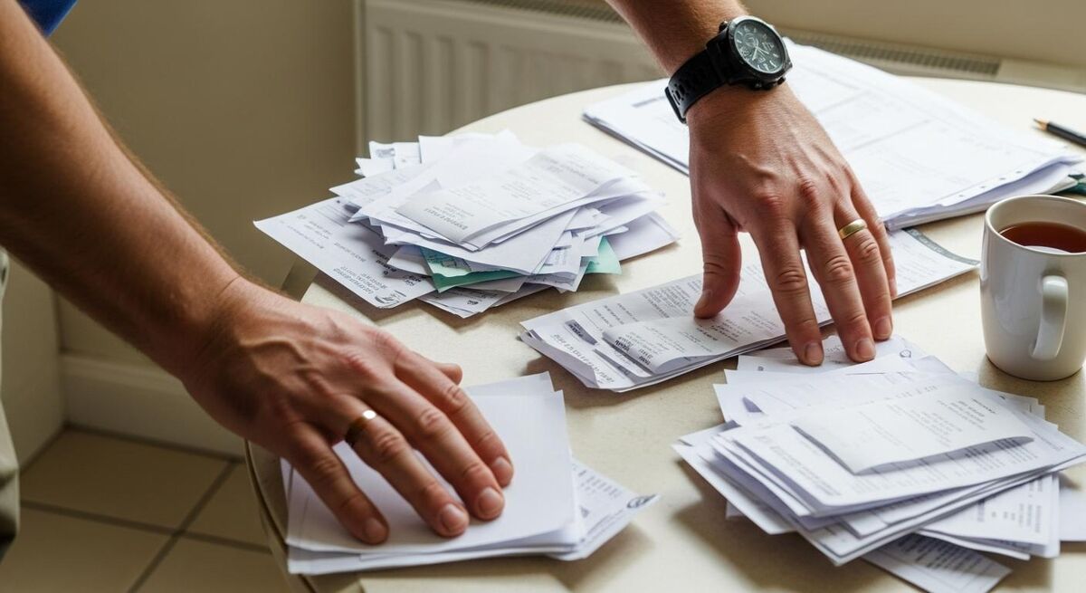 Stack of paper receipts and invoices being sorted by category before being logged