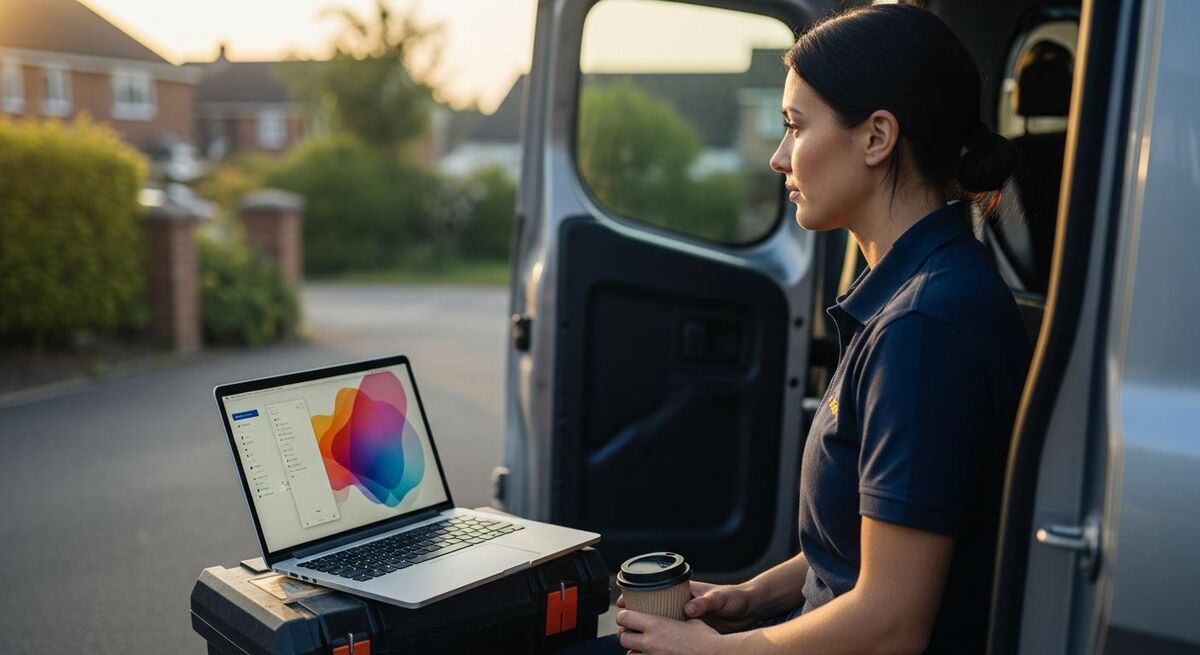 A tradesperson reviewing a Google Sheets financial dashboard on a laptop in a van