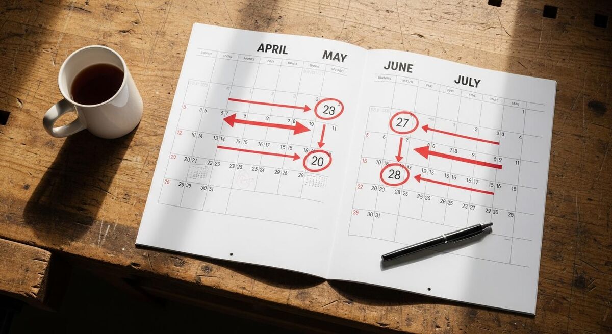 A wall calendar marked with the four MTD quarterly deadlines and a final declaration date