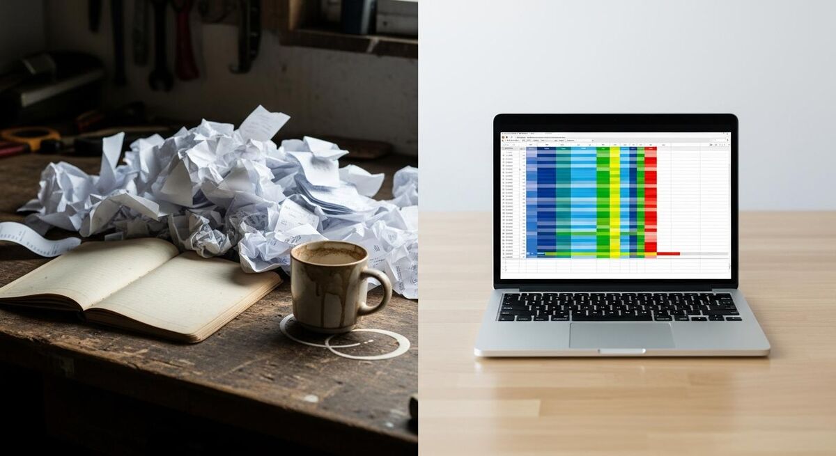 A messy pile of paper receipts beside a tidy laptop showing a structured spreadsheet