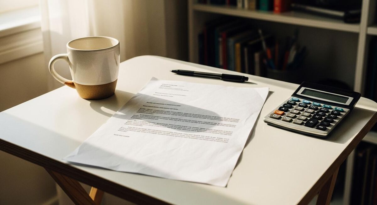 A printed letter before action sitting on a tradesperson's desk next to a calculator and pen