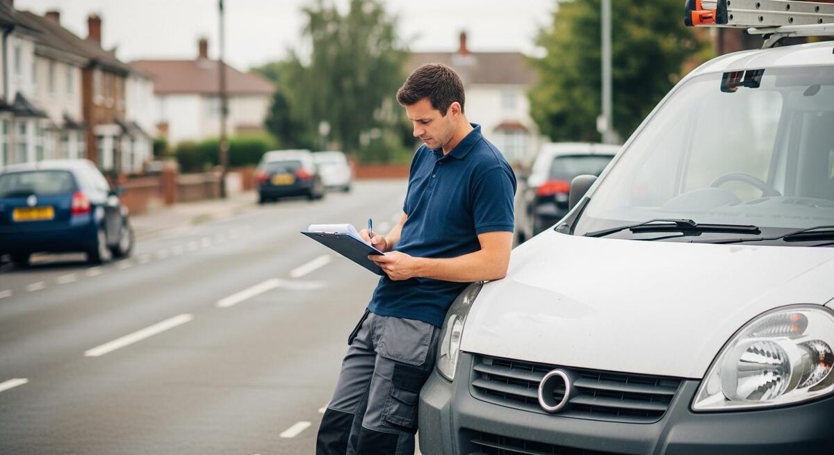 A heating engineer reviewing paperwork on the bonnet of a van outside a customer's home