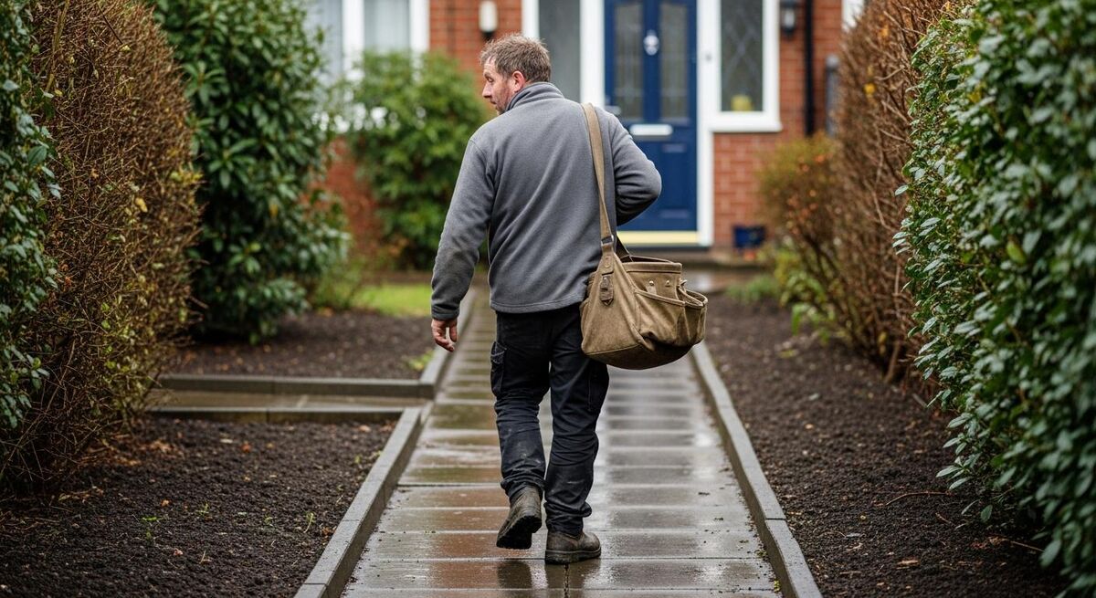 A tradesperson returning to a customer's home for a repeat visit with a toolbag