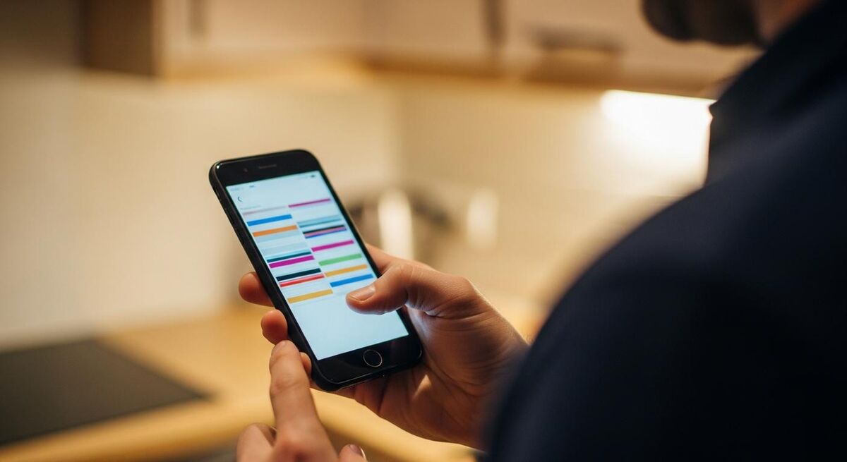 A field engineer ticking off tasks on a phone job card in a customer's kitchen
